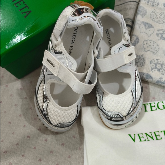 Bottega Veneta Shoes - Bottega Veneta White and Silver Womens Mary Jane Sneakers
